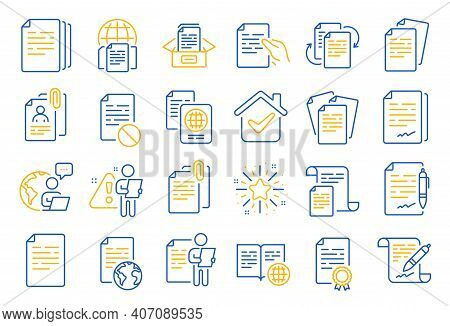 Documents Line Icons. Copy Files, Contract Agreement, Passport. Cv Interview, Documents Workflow, At