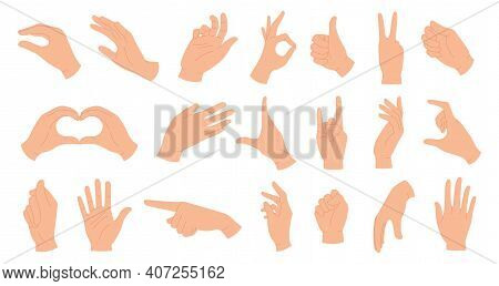 Hands Holding Gestures. Elegant Female And Male Hand Showing Heart, Ok, Like, Pointing Finger And Wa