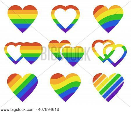 Lgbtq Rainbow Hearts. Pride Month Lgbtq Parade Heart Shape Flags, Transgender, Gay And Lesbian Commu