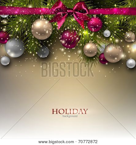 Christmas background with balls and fir twig. Colorful Xmas baubles. Vector