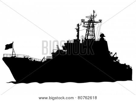 Silhouette of a large warship on a white background