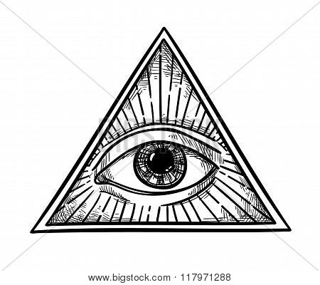 Hand Drawn Vector Illustration - All Seeing Eye Pyramid Symbol. Freemason And Spiritual. Vintage