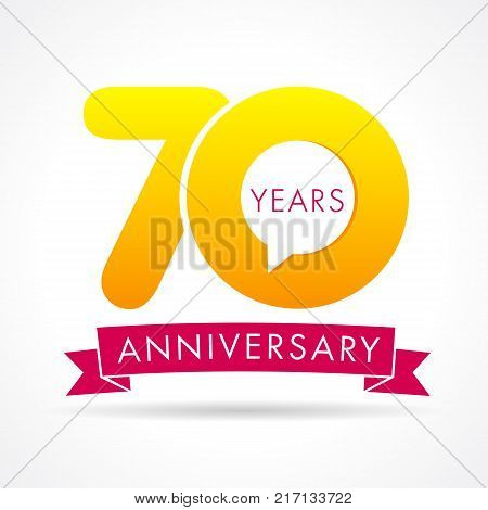 70 years anniversary communication logo. 70th year birthday logotype label, yellow vector number sign and pink ribbon isolated