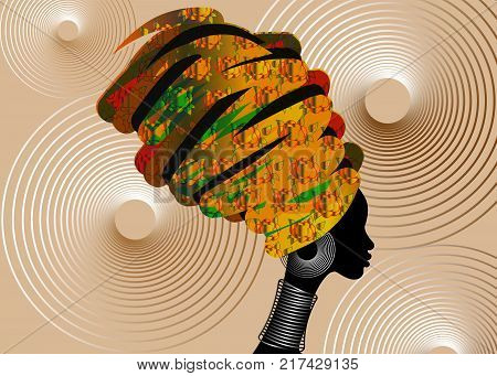 portrait beautiful African woman in traditional turban, Kente head wrap African, Traditional dashiki printing, black women vector silhouette isolated with traditional jewelry, ethnic background