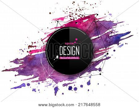 Pink-purple abstract aquarelle background with geometric pattern and place for text. Hand drawn watercolor stains, splashes and drops on white. Template for covers, flyers, banners, posters, placards