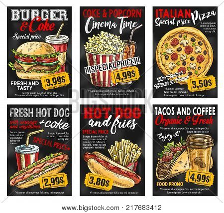 Fast food restaurant menu promo card with special price. Hamburger, hotdog and pizza with soda and coffee drink, french fries, mexican taco and popcorn sketch banner on chalkboard for fast food design