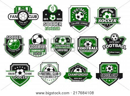 Soccer sport club and football team shield badge set. Soccer ball on heraldic shield, decorated with champion wreath, ribbon banner and star for football championship and soccer fan club design