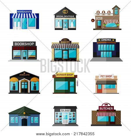 Different shops, buildings and stores flat icon set isolated on white. Includes newsagents, bridal boutique icon, cafe building, bookshop exterior, bakery shop, cinema, jewellers, barber shop, pet shop icon, police, tea shop, butcher.