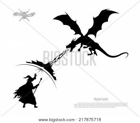 Black silhouette of battle of wizard with dragon on white background. The monster breathes fire on the magician. Isolated image of fantasy magic fight. Vector illustration