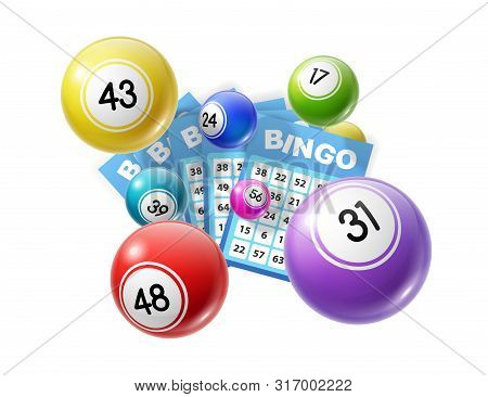 Bingo Lotto Game Balls And Lottery Cards With Lucky Numbers. Vector Poster For Bingo Lottery Tv Show