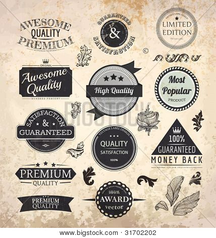 Collection of Premium Quality and Guarantee Labels with retro vintage styled design and old paper grunge texture