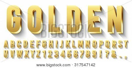 Golden 3d Font. Metallic Gold Letters, Luxury Typeface And Golds Alphabet With Shadows. Elegancy Fon