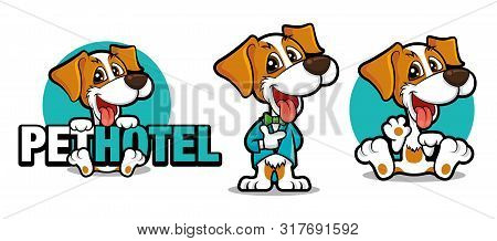 Cute Dog Holding A Big Signboard, Cute Dog Mascot Series. Dog Wears Tuxedo With Bowtie. Dog Waving H