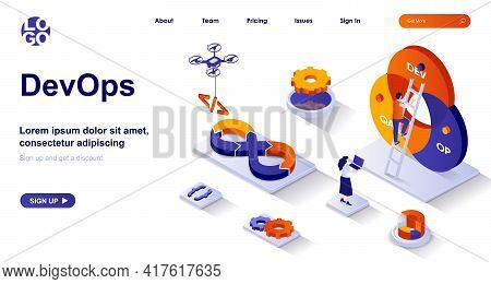 Devops Isometric Landing Page. Development Operations Isometry Concept. Developers Team Works, Confi