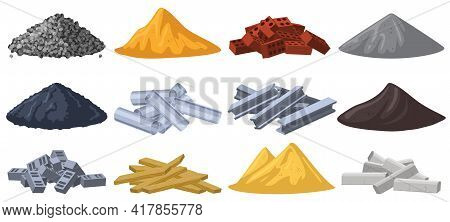 Construction Materials. Building Material Piles, Gravel, Sand, Bricks And Crushed Stone Piles. Heaps