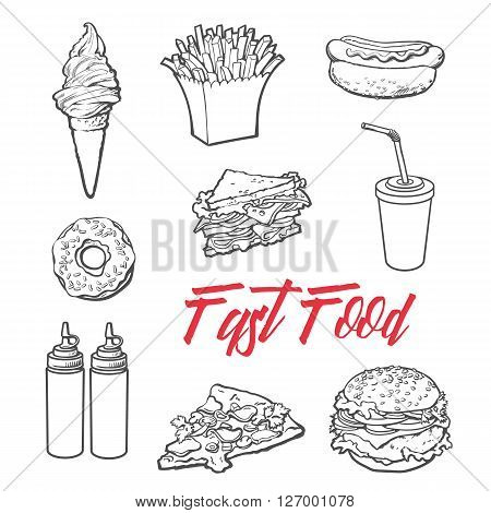 set fast food meal, vector sketch hand-drawn elements of fast food, ice cream burger, sandwich, soda lemonade, ponchos, pizza hot dog french fries, sauces, ketchup and mustard, fast food ready icons