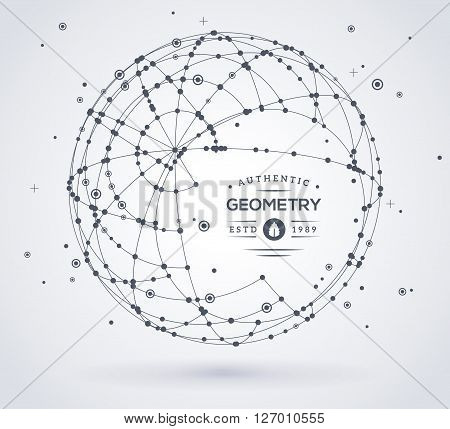 Wireframe mesh broken spherical element. Sphere with connected lines and dots. Connection Structure. Geometric Modern Technology Concept. Digital Data Visualization. Place for text message