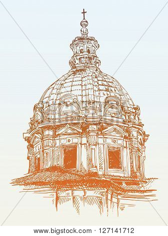 sketch drawing of old basilica from Rome, Italy, vector illustration