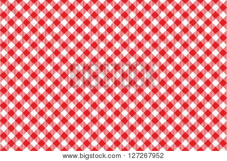 Red tablecloth diagonal background seamless pattern. Vector illustration of traditional gingham dining cloth with fabric texture. Checkered picnic cooking tablecloth.