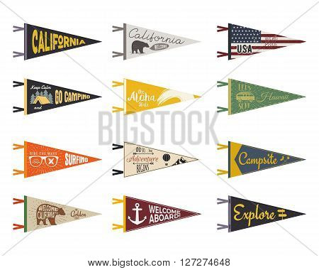 Set of adventure pennants. Pennant explore flags design. Vintage surf, caravan, rv templates. USA, california pennant with summer camp symbols trailer, signpost, anchor, bear. Summer hawaii old style.