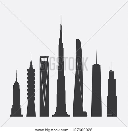 April 27, 2016: Set of Vector Illustrations of Famous Skyscrapers. Empire State Building, Taipei 101, Shanghai World Financial Ctr., Burj Khalifa, Shanghai Tower, One World Trade Ctr., Willis Tower