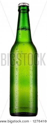 cold beer bottle with water droplets on surface