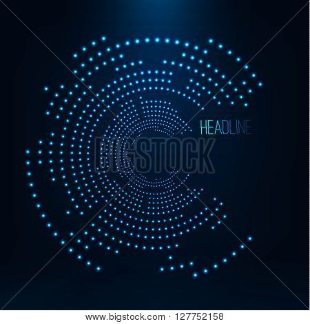 Abstract geometric technology shape of glowing particles .Broken light neon dots and Network connection. Neon circles consist of lights .Vector digital HUD illustrations futuristic background