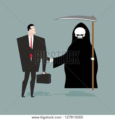 Deal with death. Businessman and Grim Reaper make transaction. Skeleton in hood and man shake hands. Handshake in purgatory. Agreement between death and manager. White skull and scythe