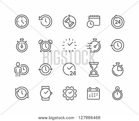 Simple Set of Time Related Vector Line Icons. Contains such Icons as Timer, Speed, Alarm, Restore, Time Management, Calendar and more. Editable Stroke. 48x48 Pixel Perfect.