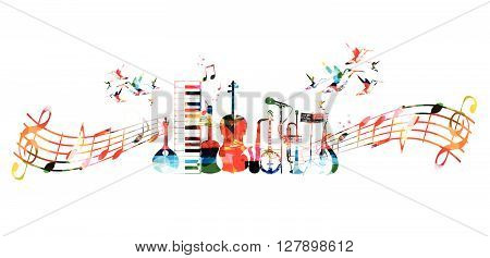 Vector illustration of colorful music instruments with music notes