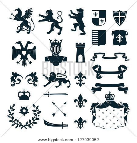 Heraldic royal symbols  emblems  design and  family coat of arms elements collection black abstract isolated vector illustration