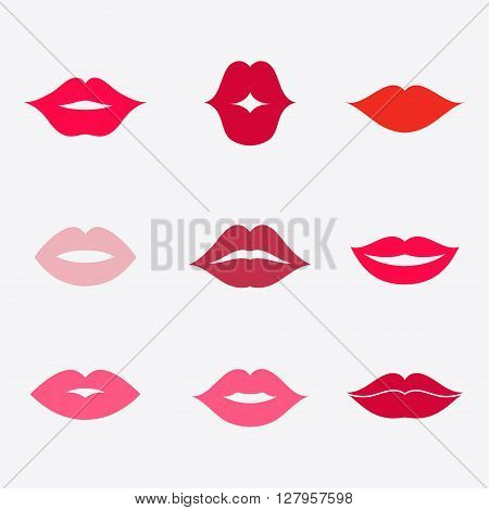 Lips vector icon set. Different women's lips isolated from background. Red lips close up girls. Shape sending a kiss kissing lips. Collection of women's mouths. Lips symbol.