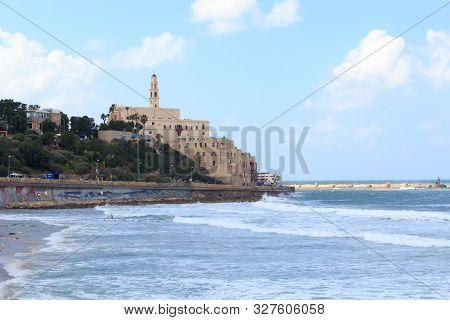 Tel Aviv, Israel - March 17, 2019: Coastline Panorama Of City Tel Aviv Jaffa With Mediterranean Sea 