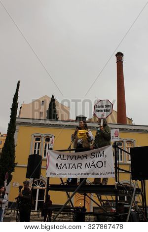 Lisbon, Portugal- May 24, 2018: Demonstrators Protesting With Placards Against Euthanasia And Asking