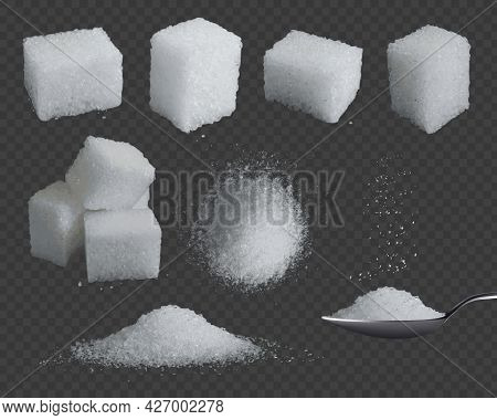 Realistic Sugar. 3d Glucose In Cubes And Powder. White Grain Sugar In Spoon, Pile Top And Side Views