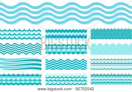 Collection Of Marine Waves. Sea Wavy, Ocean Art Water Design