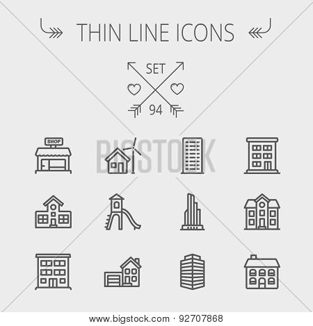 Construction thin line icon set for web and mobile. Set includes -house, playhouse, house with garage, buildings, shop store. Modern minimalistic flat design. Vector dark grey icon on light grey