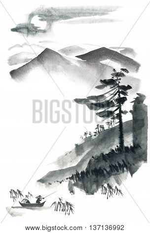 Watercolor and ink painting - chinese fishman bamboo pine trees mountains sky. Sumi-e u-sin gohua painting.