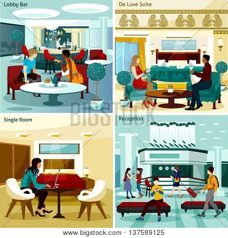 Hotel Interior Concept. Hotel Interior Vector Illustration. Hotel Interior Flat Icons Set. Hotel Interior Design Set. Hotel Interior Isolated Elements.