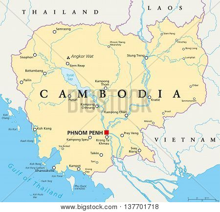 Cambodia political map with capital Phnom Penh, national borders, important cities, rivers and lakes. Kingdom in Indochina, Southeast Asia, once known as Khmer Empire. English labeling. Illustration