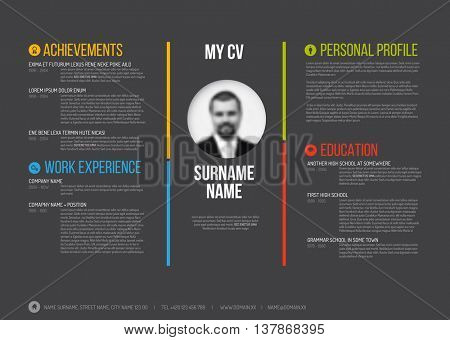 Vector minimalist cv / resume template - minimalistic colorful version with photo in the middle - dark template version