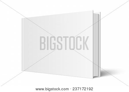 Vector Mock Up Of Standing Book With White Blank Cover Isolated. Closed Horizontal Hardcover Book, C