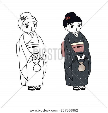 Hand Drawn Vector Illustration Of A Cute Curvy Girl Dressed In Japanese Kimono With Polka Dots, Hold