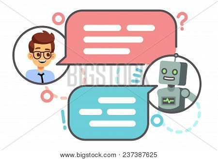 Human Conversation With Robot On Smartphone. Chatting With Bot, Chatbot Vector Concept. Robot Chat A