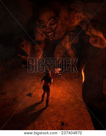 3d Illustration Of The Girl With Torchlight Discover A Monster In Derelict Cave,3d Fantasy Art For B