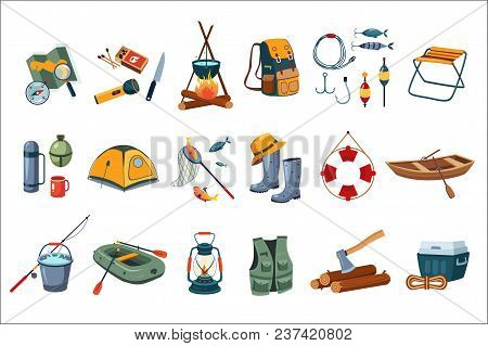 Camping Icon Set. Tourist Equipment Tent, Map, Compass. Items For Fishing Rod, Hooks, Boats. Fisherm