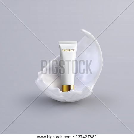 Cosmetics Product Ads Poster Template. Cosmetic Beauty Mockup. Cream Tube Package With Creamy Lotion