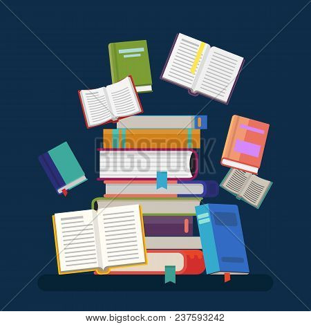 Pile Or Stack, Heap Or Tower Of Paper Books. Opened Textbooks And Closed Notebook With Tassel Or Boo