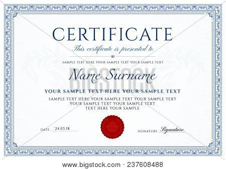 Certificate, Diploma Of Completion (design Template, White Background) With Blue Frame, Border, Ligh