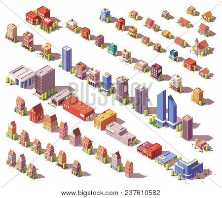 Vector Low Poly Isometric Modern And Old City Buildings, Houses And Stores Set